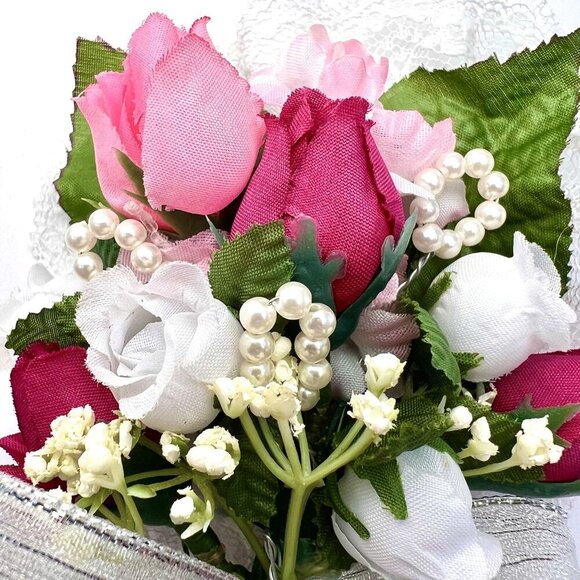 Vintage Faux Rose Corsage Pearls Lace Satin Gift Box 80s 90s Wedding Prom - Picture 3 of 10